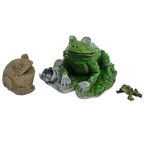 Lot of 3 Whimsical Frog Figurines Two Ceramic One Sandstone Collectible Unique